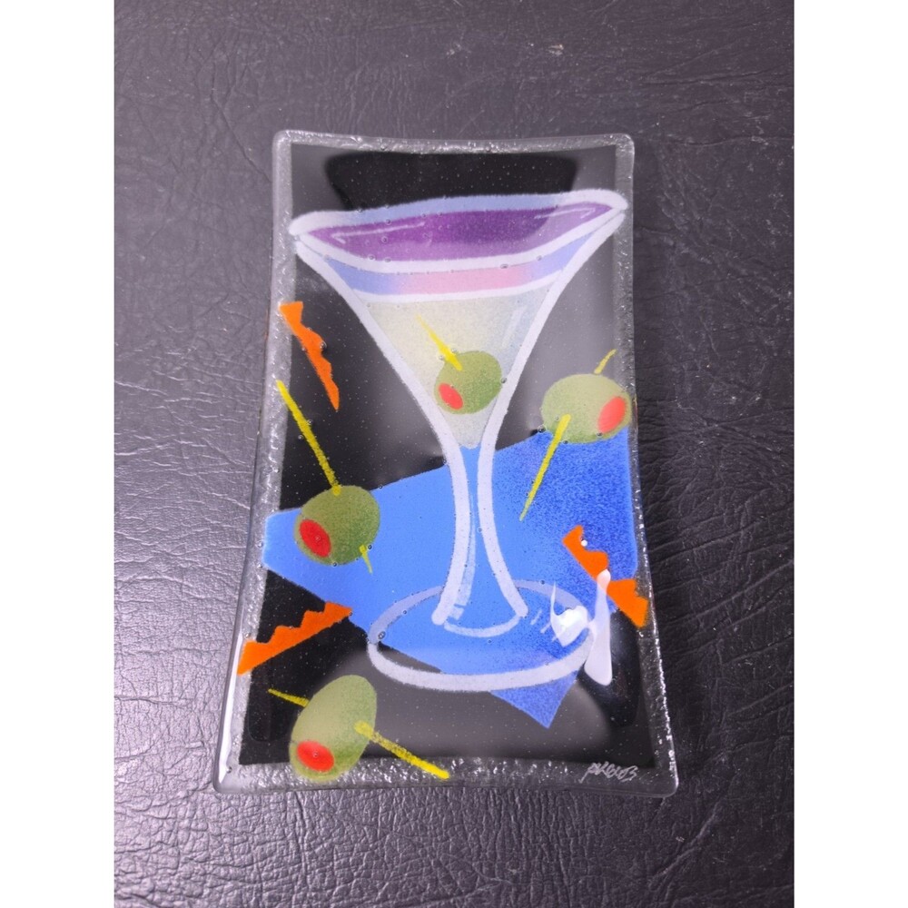 PEGGY KARR VINTAGE “MARTINI” 2004 9 7/8” X 6 7/8” GLASS BAR PLATE SIGNED
